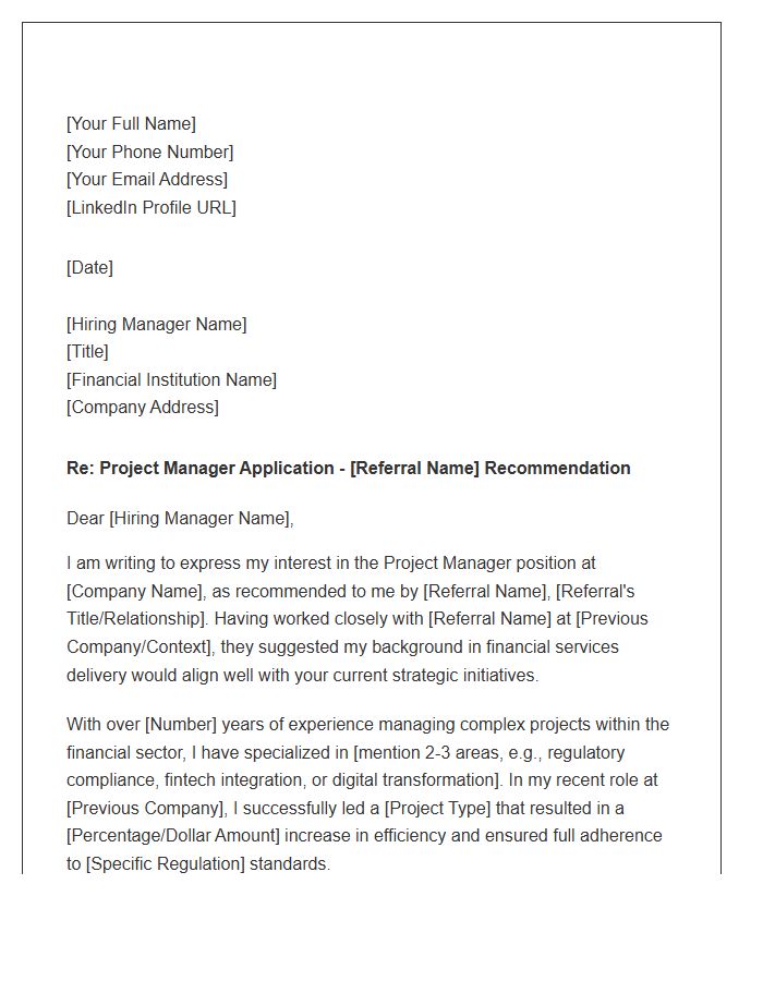 Financial Services Project Manager Referral Cover Letter Template
