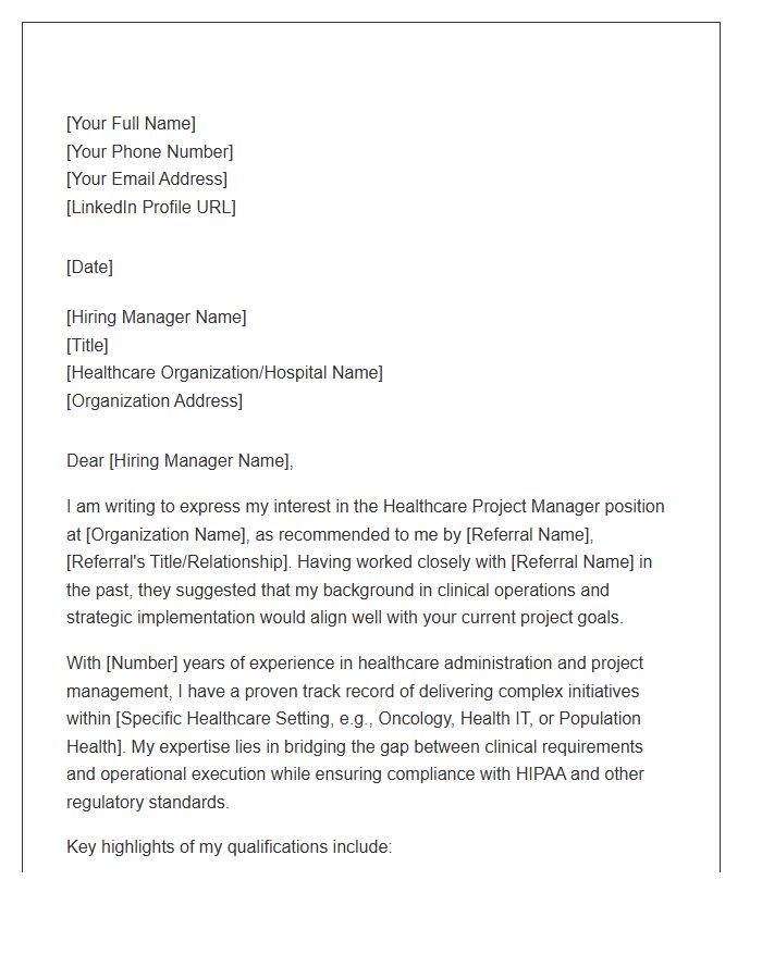 Healthcare Project Manager Referral Cover Letter Template