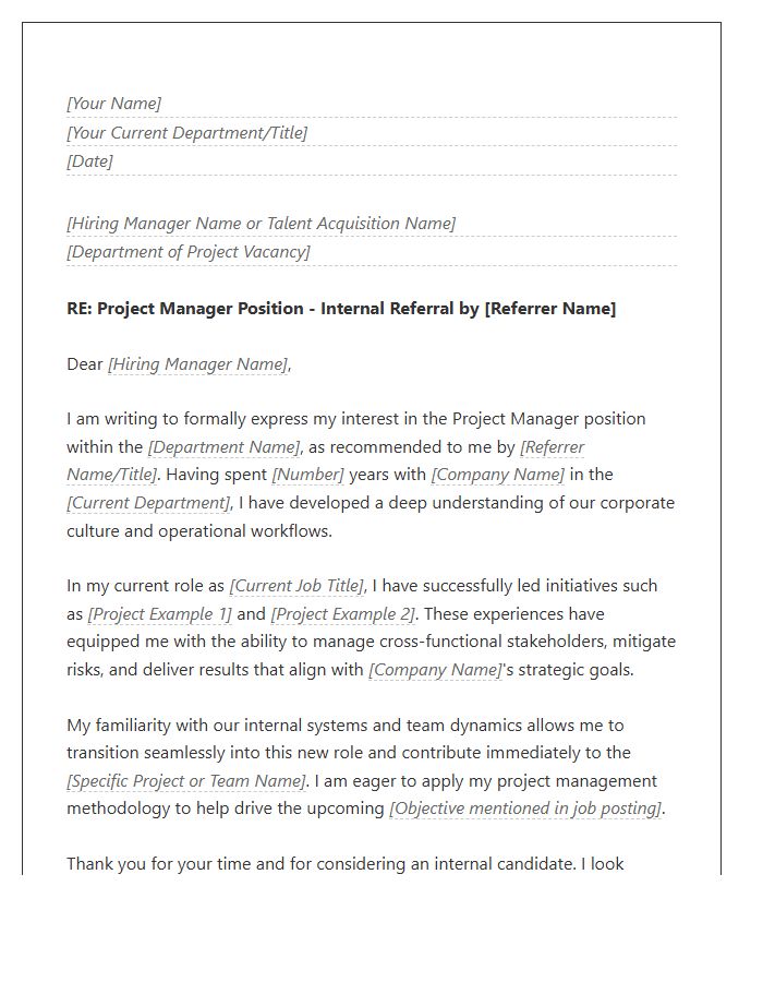 Internal Project Manager Referral Cover Letter Template