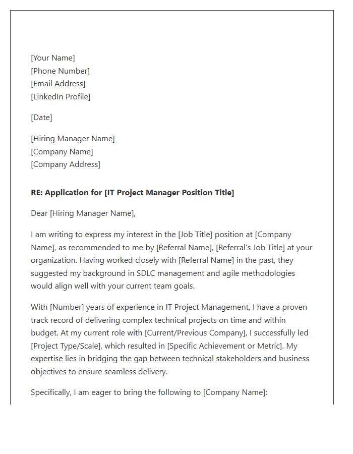 IT Project Manager Referral Cover Letter Template