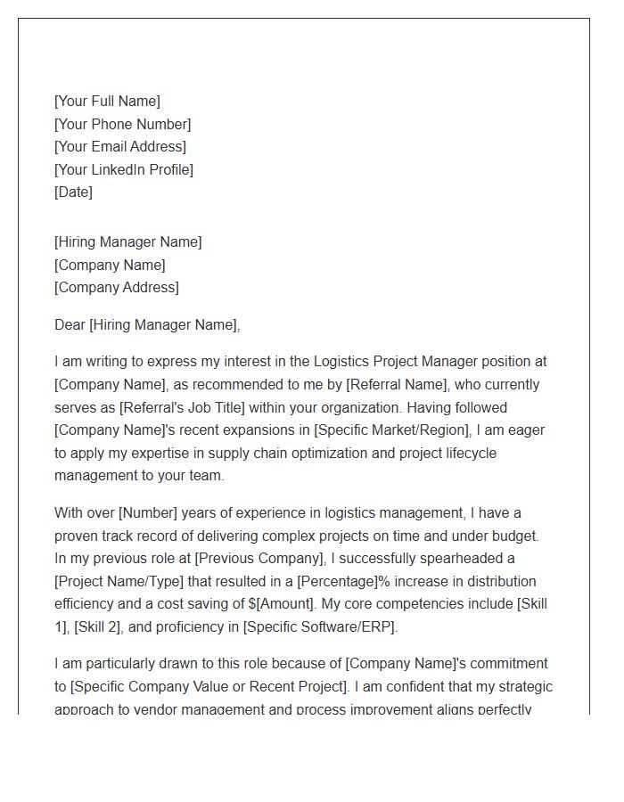 Logistics Project Manager Referral Cover Letter Template