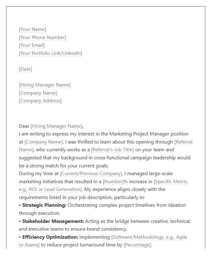 Marketing Project Manager Referral Cover Letter Template