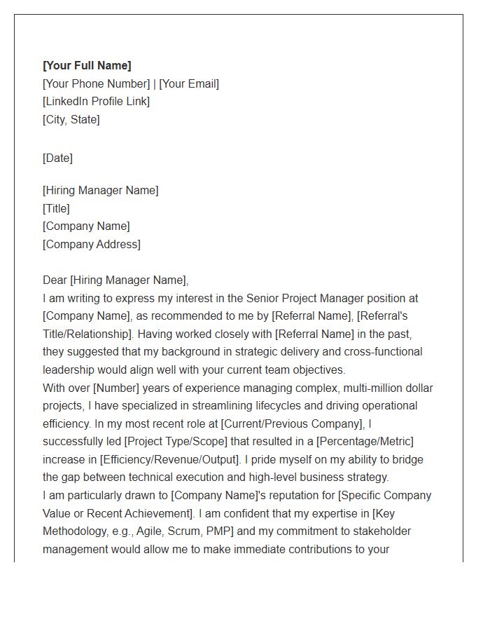 Senior Project Manager Referral Cover Letter Template
