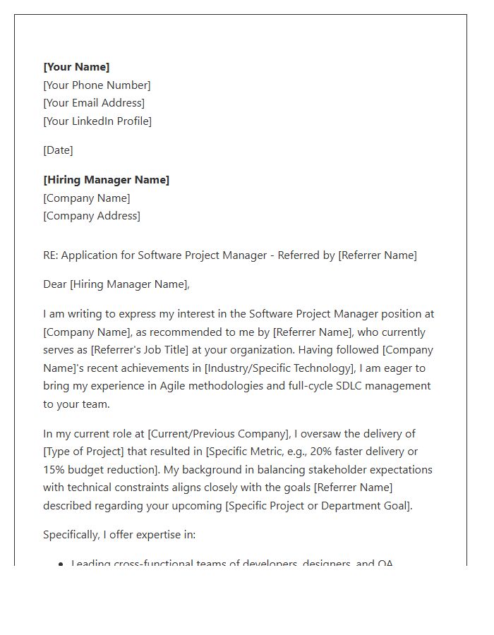 Software Project Manager Referral Cover Letter Template
