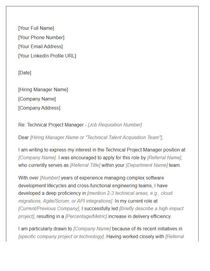 Technical Project Manager Referral Cover Letter Template