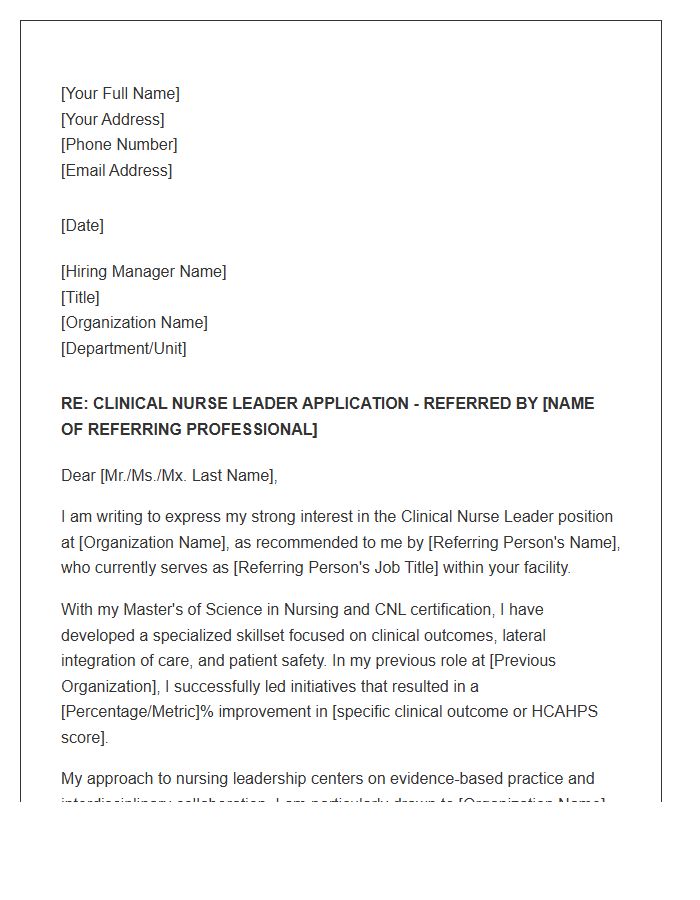 Clinical Nurse Leader Referral Cover Letter Template