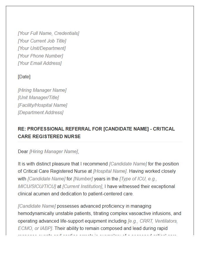 Critical Care Nursing Professional Referral Cover Letter Template
