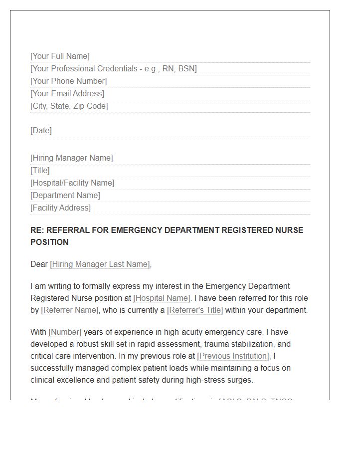 Emergency Department Nurse Referral Cover Letter Template