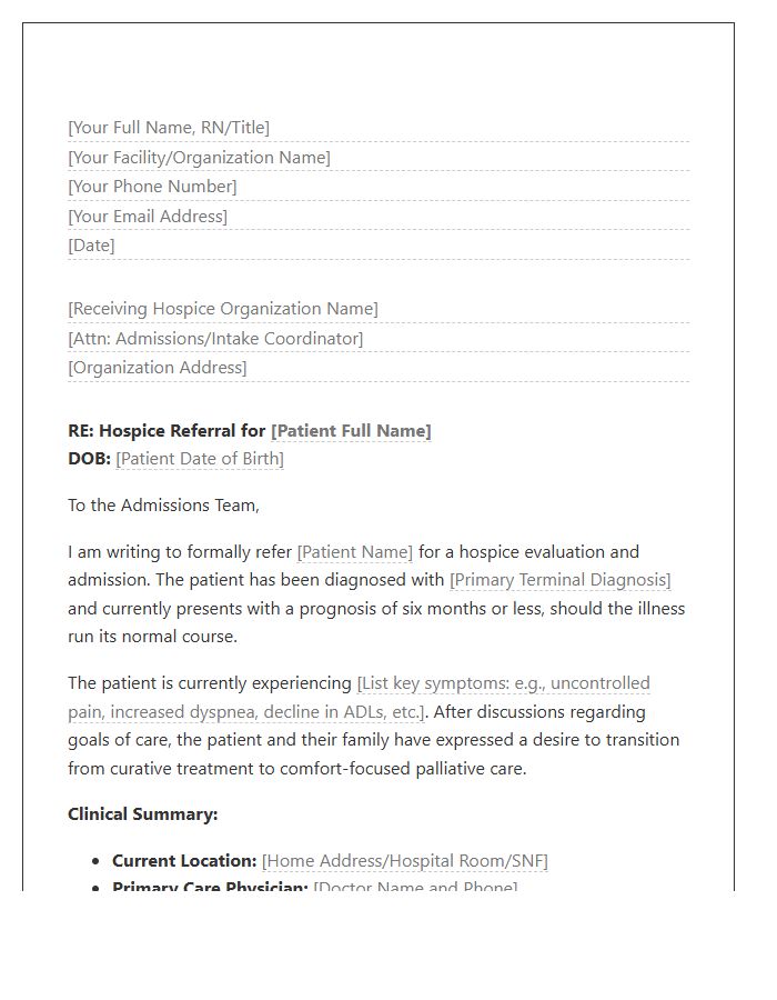 Hospice Care Nurse Referral Cover Letter Template