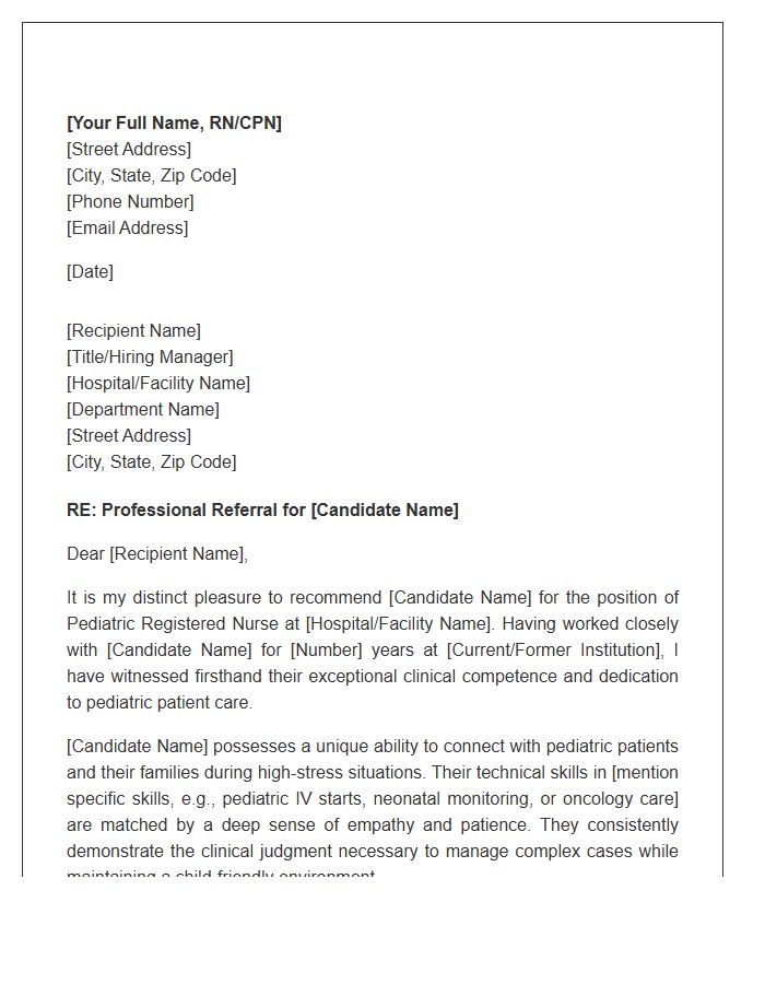Pediatric Nursing Professional Referral Cover Letter Template