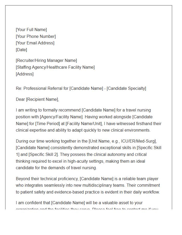 Travel Nursing Professional Referral Cover Letter Template
