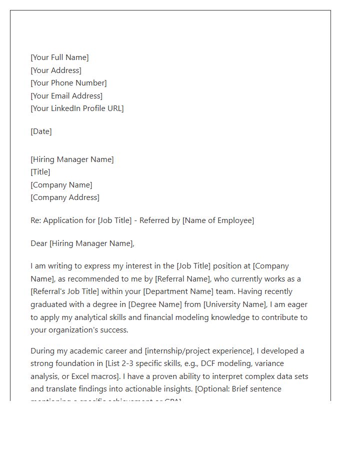 Entry Level Financial Analyst Referral Cover Letter Template