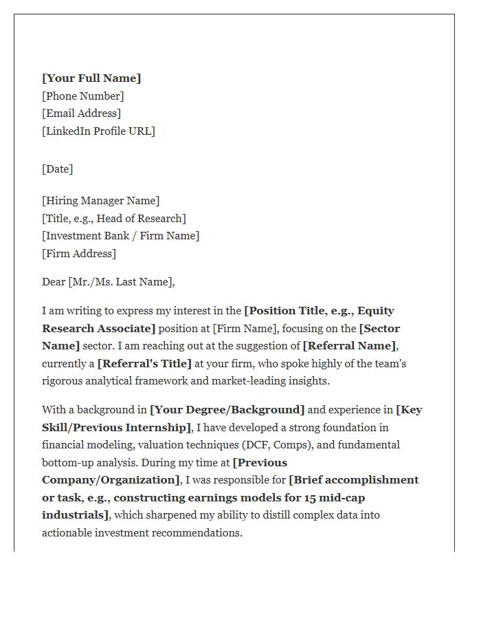 Equity Research Analyst Referral Cover Letter Template