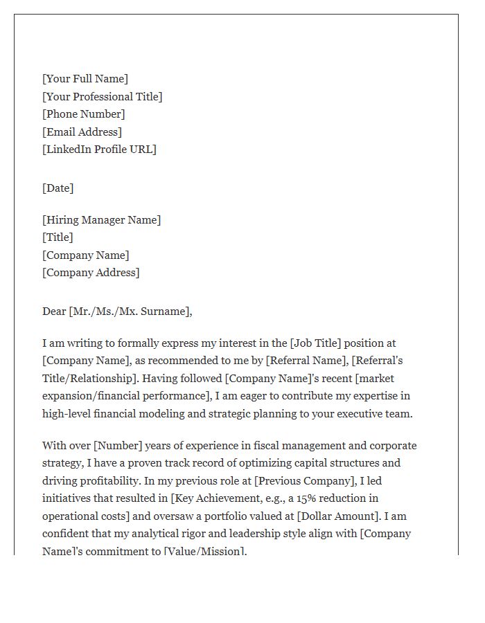 Executive Financial Analyst Referral Cover Letter Template