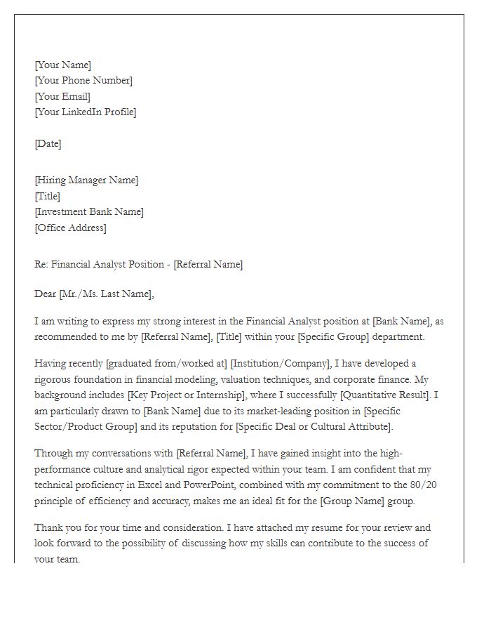 Investment Banking Financial Analyst Referral Cover Letter Template