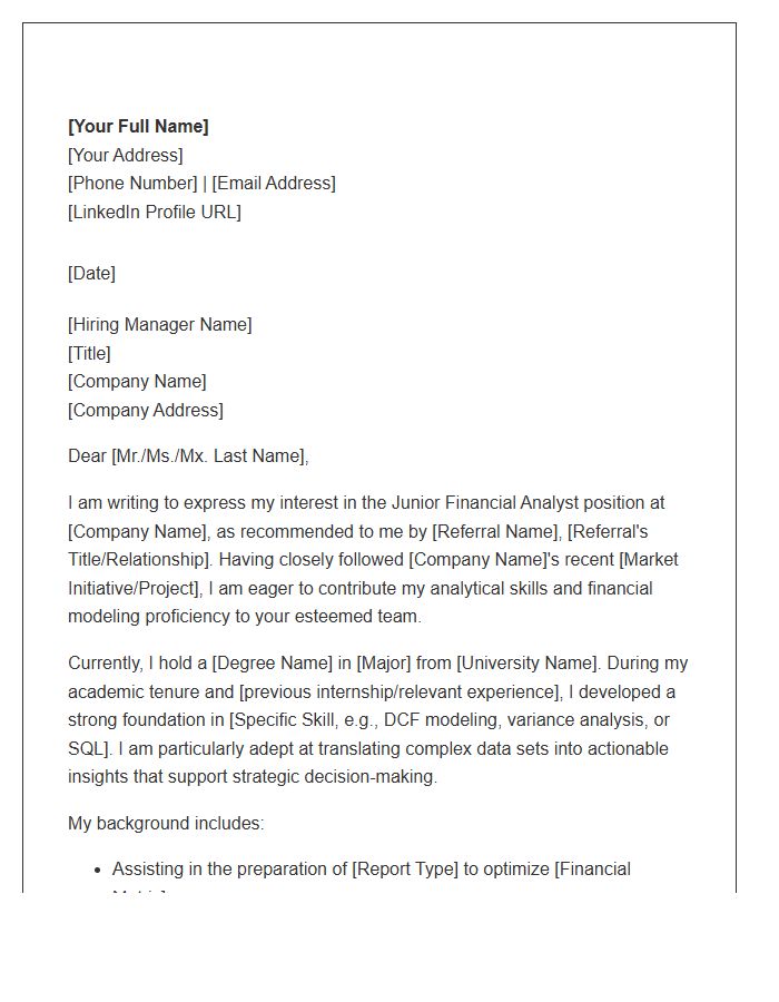 Junior Financial Analyst Referral Cover Letter Template