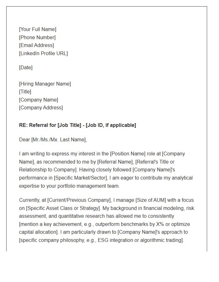 Portfolio Management Financial Analyst Referral Cover Letter Template