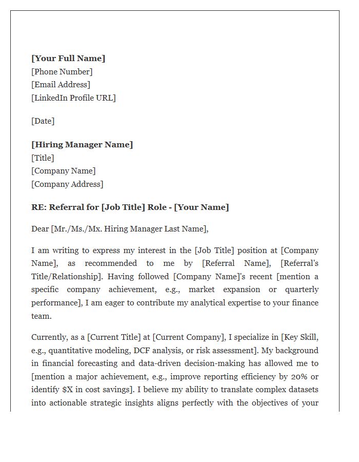 Professional Financial Analyst Referral Cover Letter Template