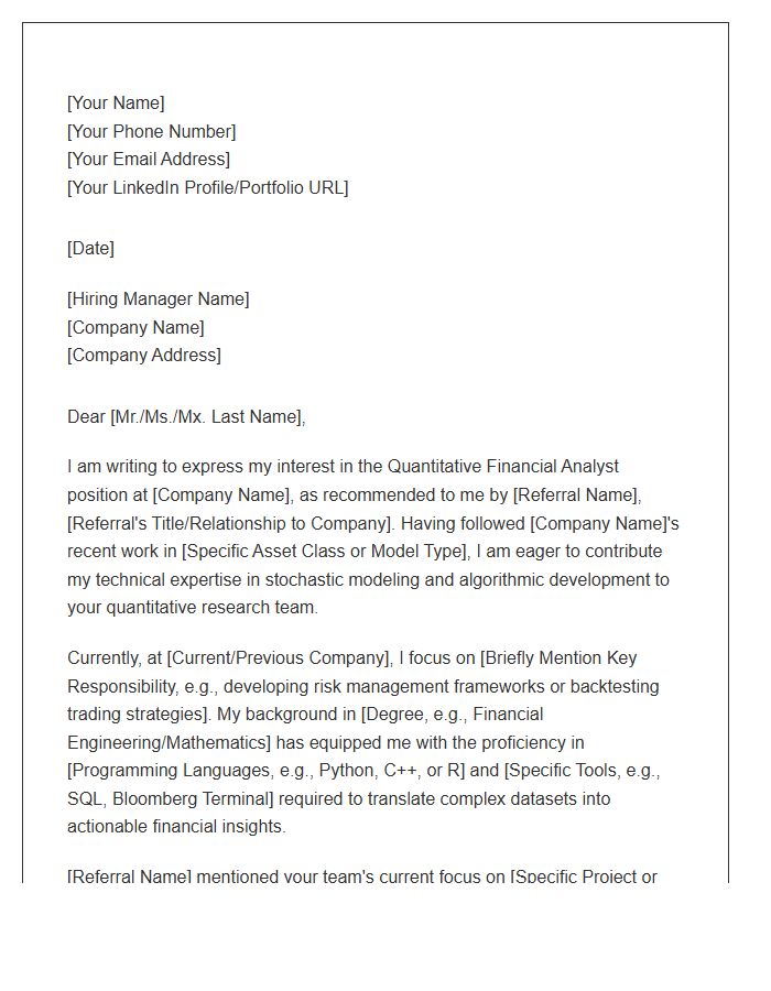 Quantitative Financial Analyst Referral Cover Letter Template