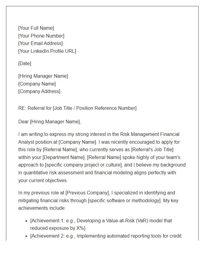 Risk Management Financial Analyst Referral Cover Letter Template