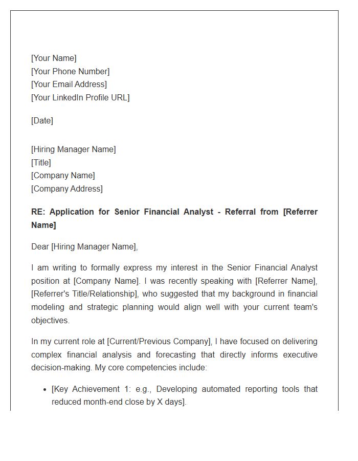 Senior Financial Analyst Referral Cover Letter Template