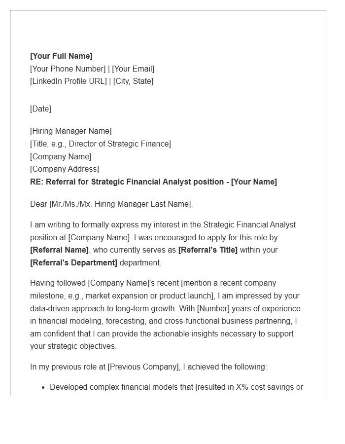 Strategic Financial Analyst Referral Cover Letter Template