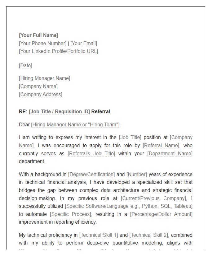 Technical Financial Analyst Referral Cover Letter Template