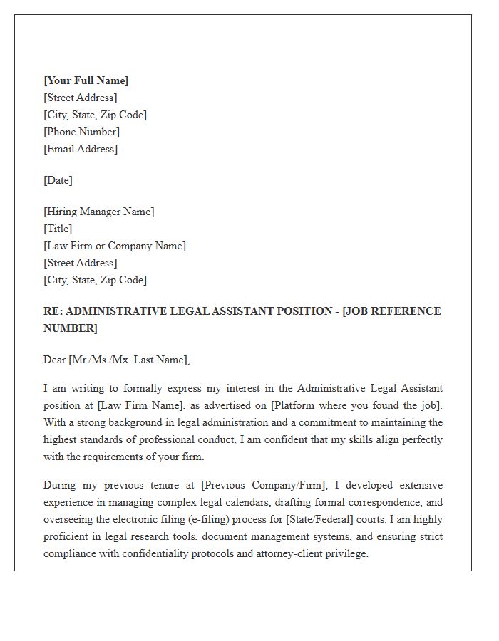 Administrative Legal Assistant Formal Cover Letter Template