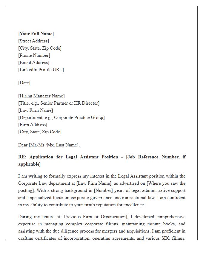 Corporate Law Legal Assistant Formal Cover Letter Template