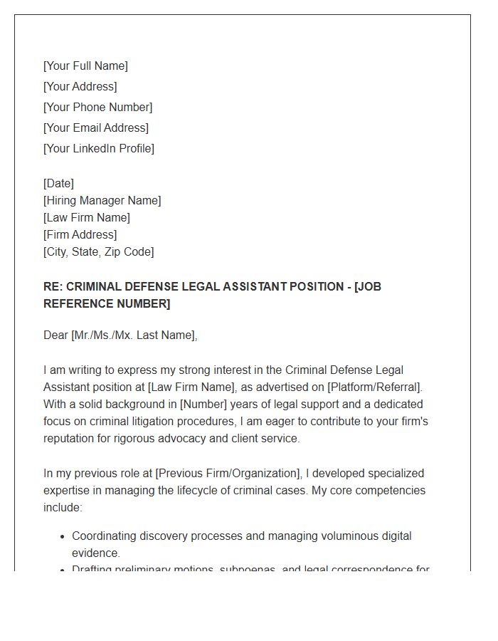 Criminal Defense Legal Assistant Formal Cover Letter Template