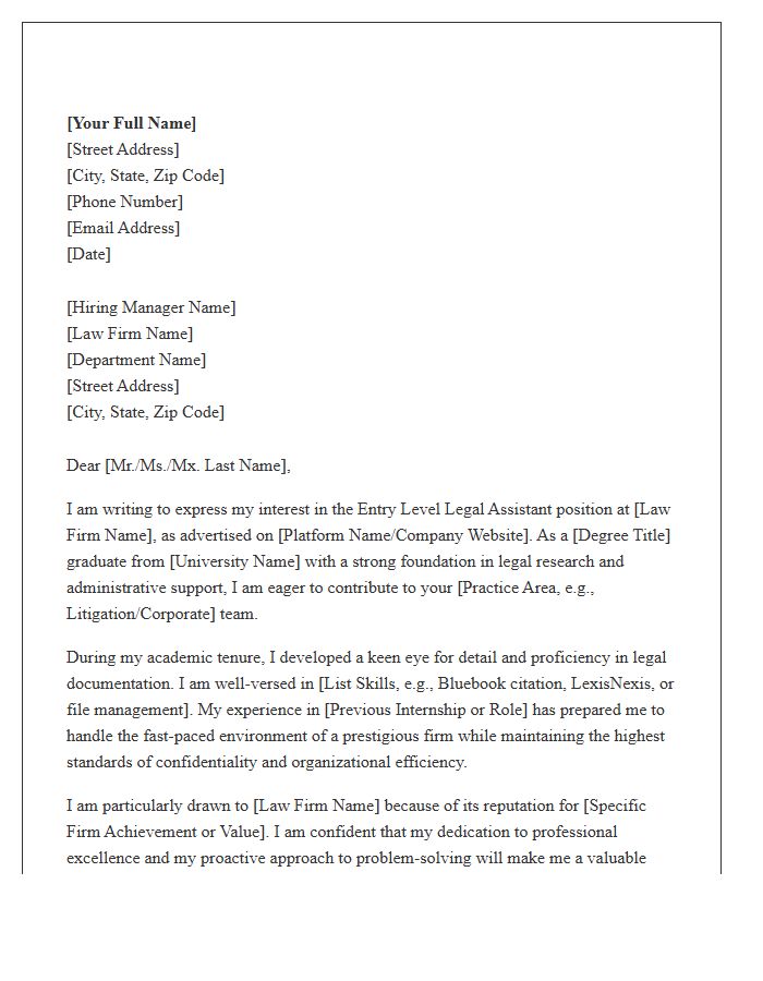 Entry Level Legal Assistant Formal Cover Letter Template
