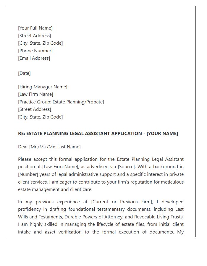Estate Planning Legal Assistant Formal Cover Letter Template