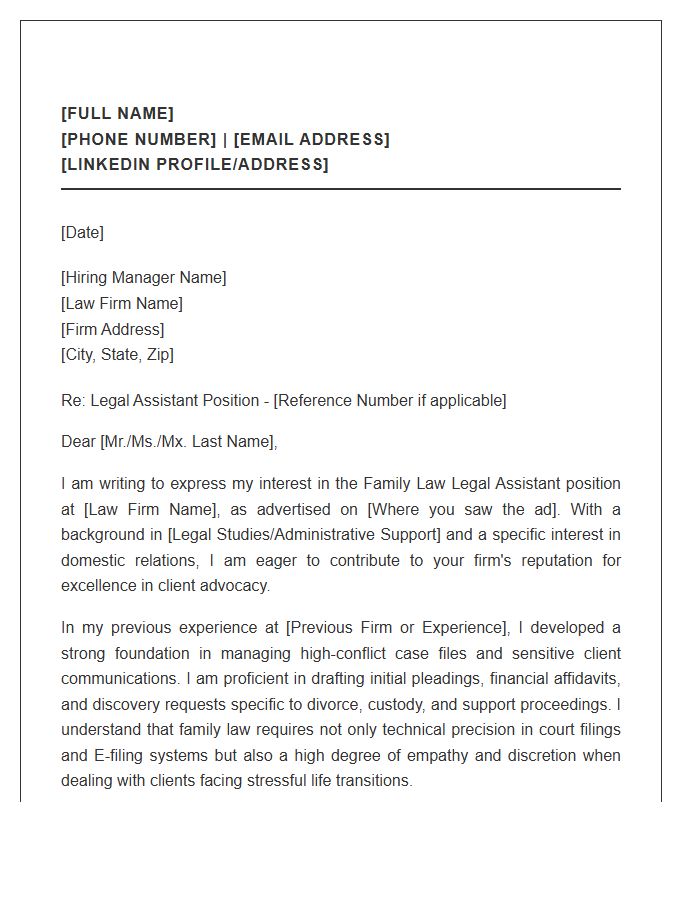 Family Law Legal Assistant Formal Cover Letter Template