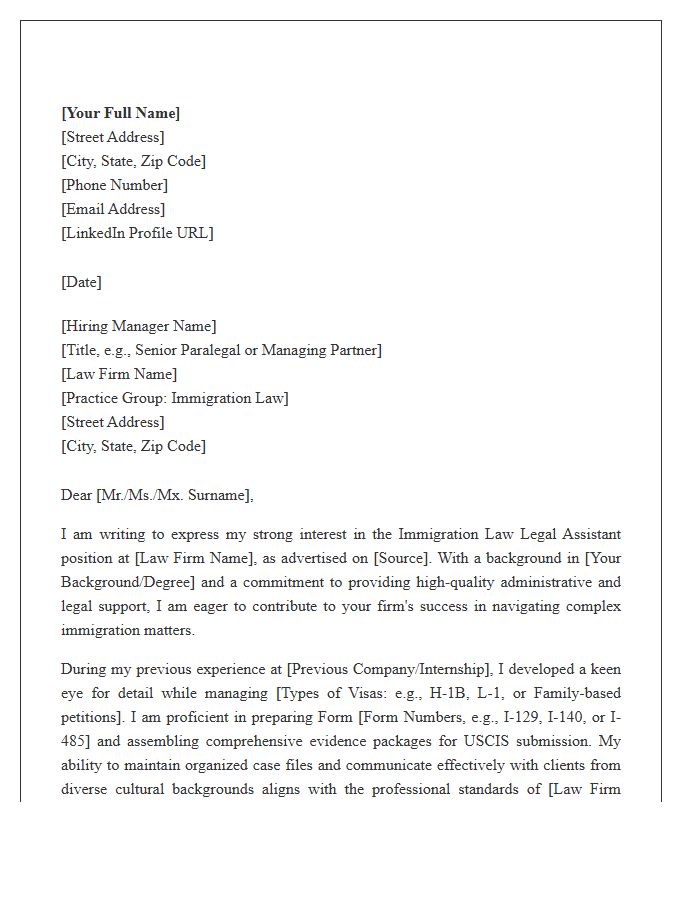 Immigration Law Legal Assistant Formal Cover Letter Template