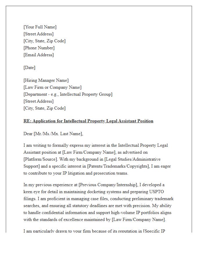 Intellectual Property Legal Assistant Formal Cover Letter Template