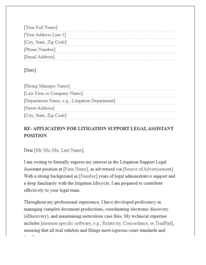 Litigation Support Legal Assistant Formal Cover Letter Template