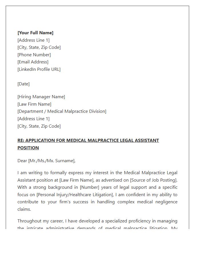 Medical Malpractice Legal Assistant Formal Cover Letter Template