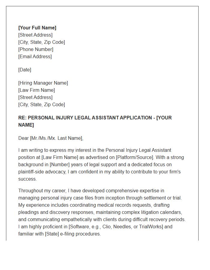 Personal Injury Legal Assistant Formal Cover Letter Template