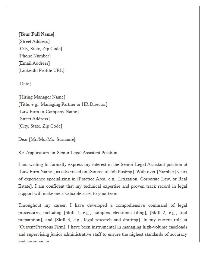 Senior Legal Assistant Formal Cover Letter Template