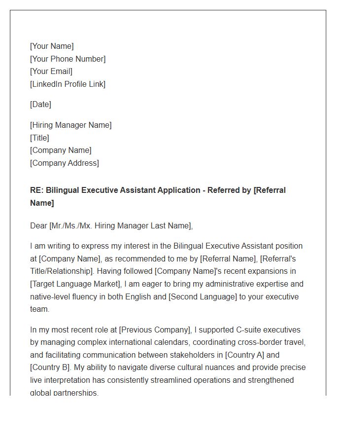 Bilingual Executive Assistant Referral Cover Letter Template