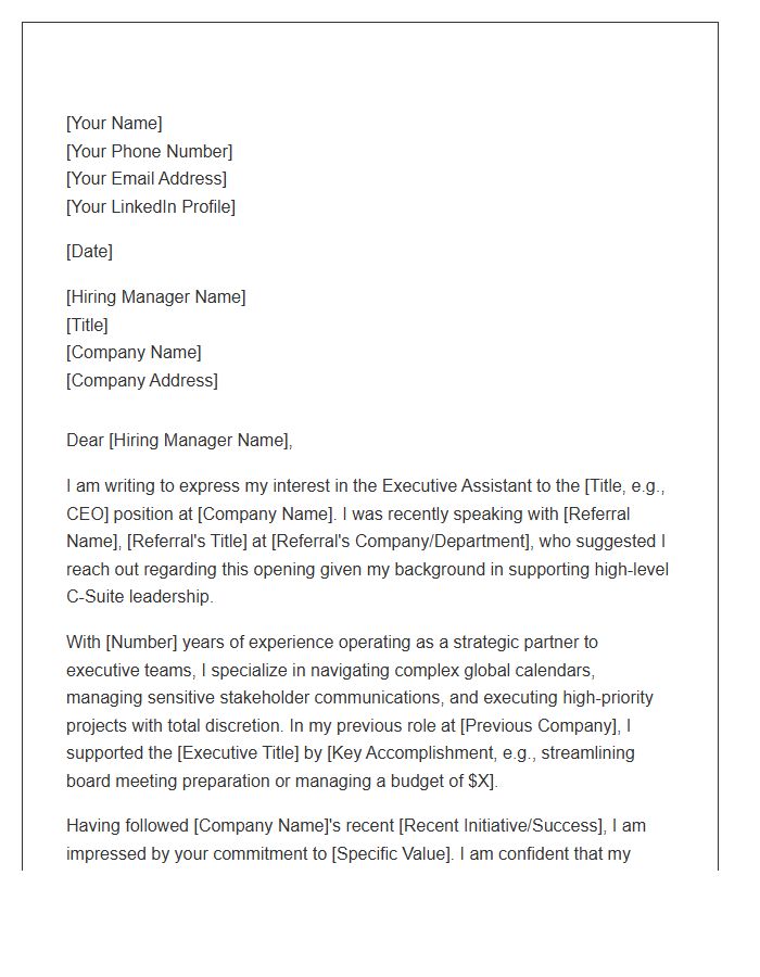 C-Suite Executive Assistant Referral Cover Letter Template