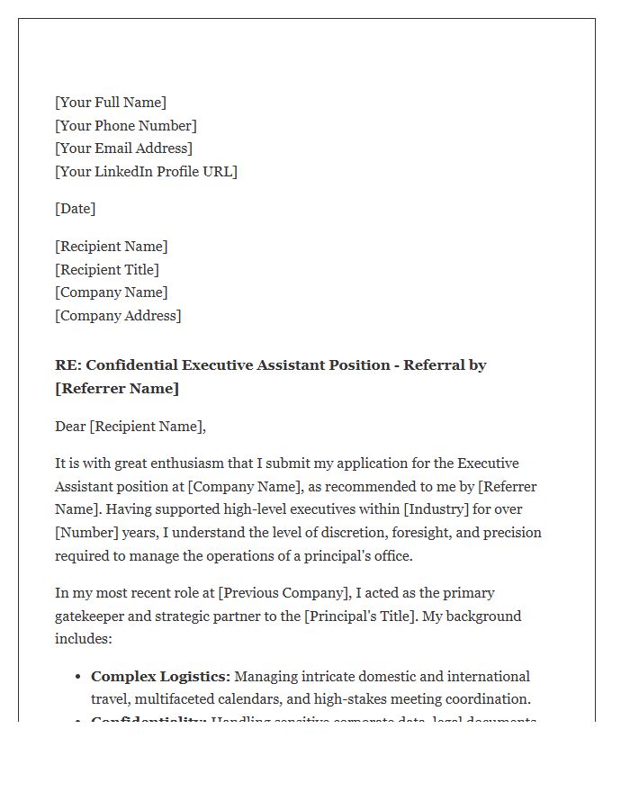 Confidential Executive Assistant Referral Cover Letter Template