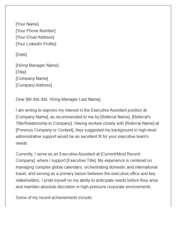 Corporate Executive Assistant Referral Cover Letter Template