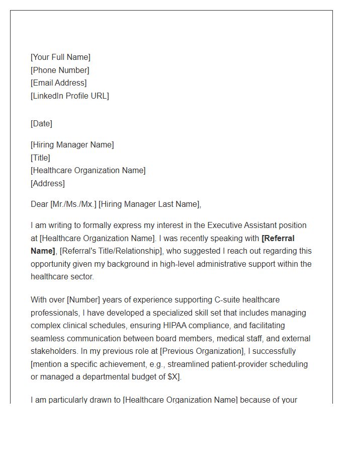 Healthcare Executive Assistant Referral Cover Letter Template