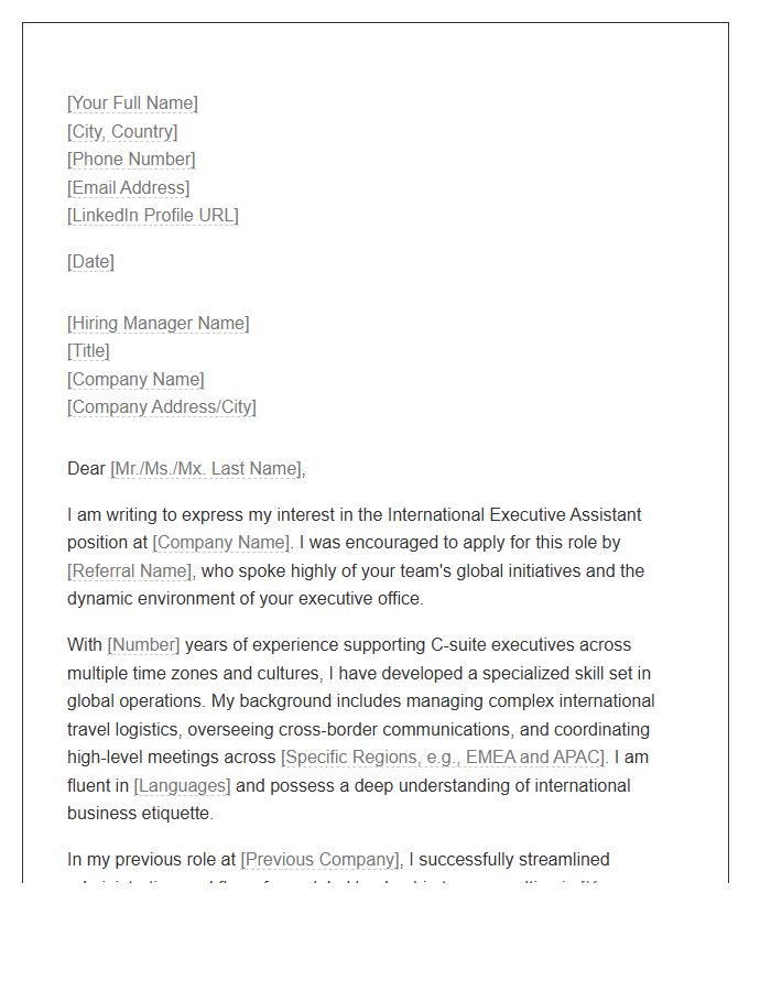 International Executive Assistant Referral Cover Letter Template