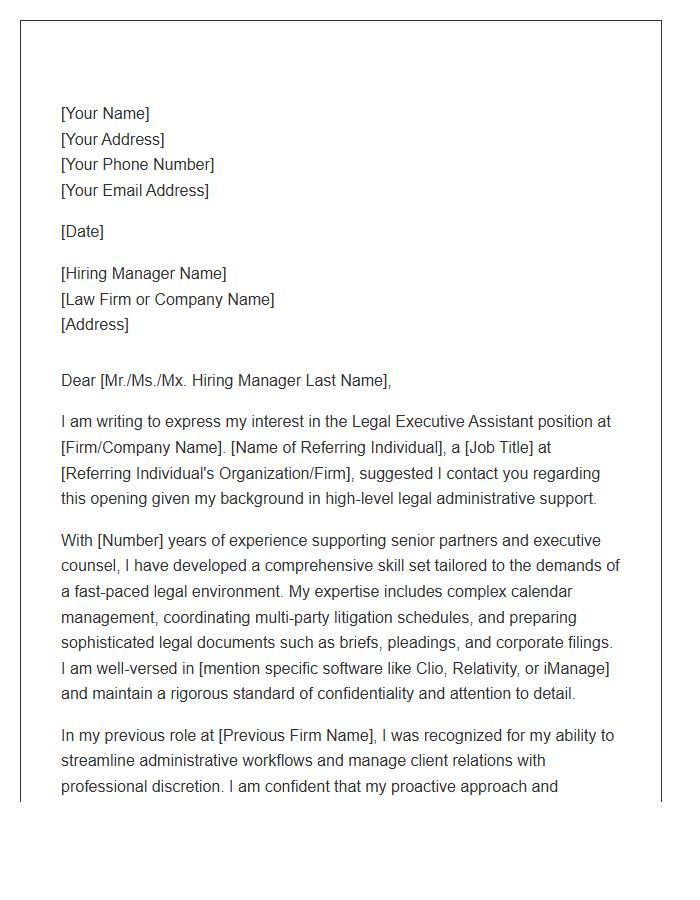 Legal Executive Assistant Referral Cover Letter Template