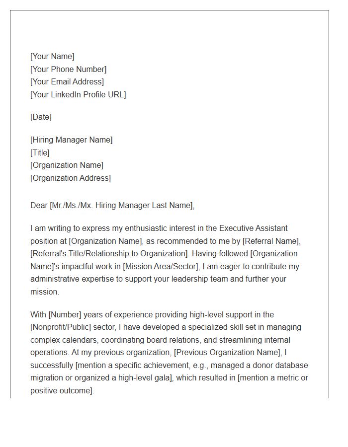 Nonprofit Executive Assistant Referral Cover Letter Template