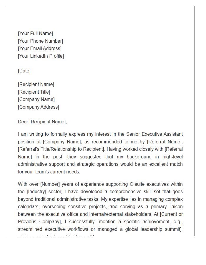 Senior Executive Assistant Referral Cover Letter Template