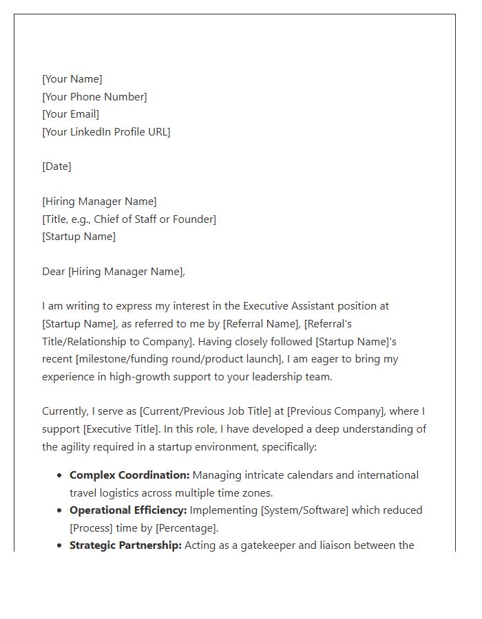 Startup Executive Assistant Referral Cover Letter Template