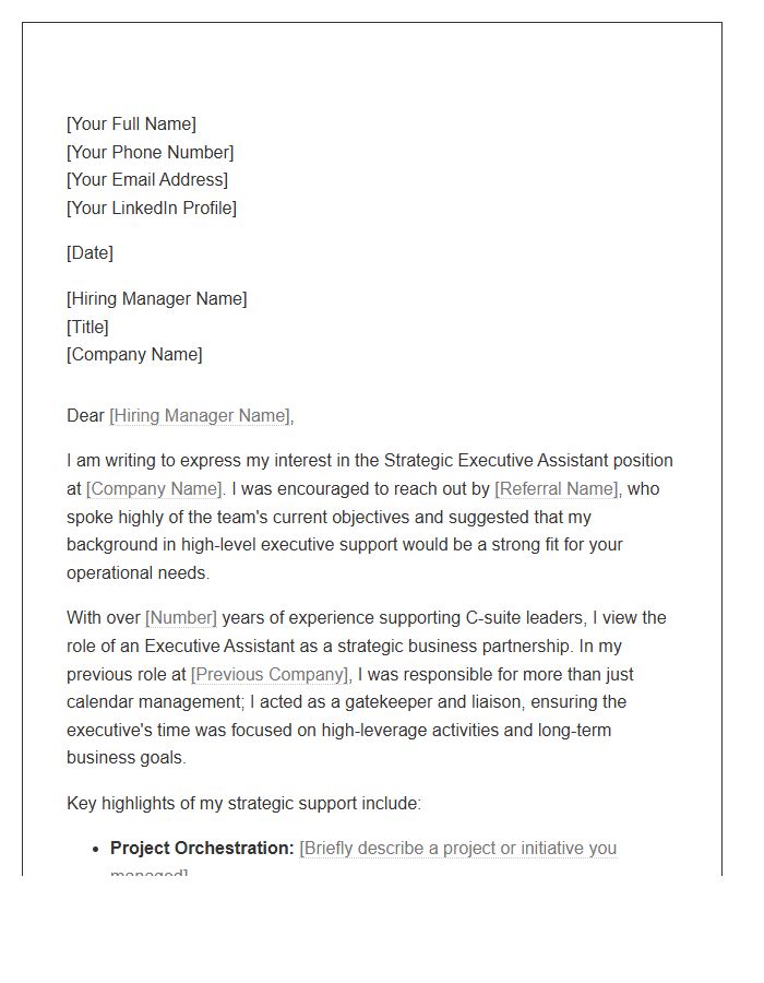 Strategic Executive Assistant Referral Cover Letter Template